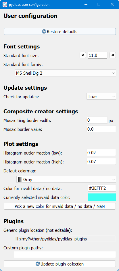 The User config window — pydidas